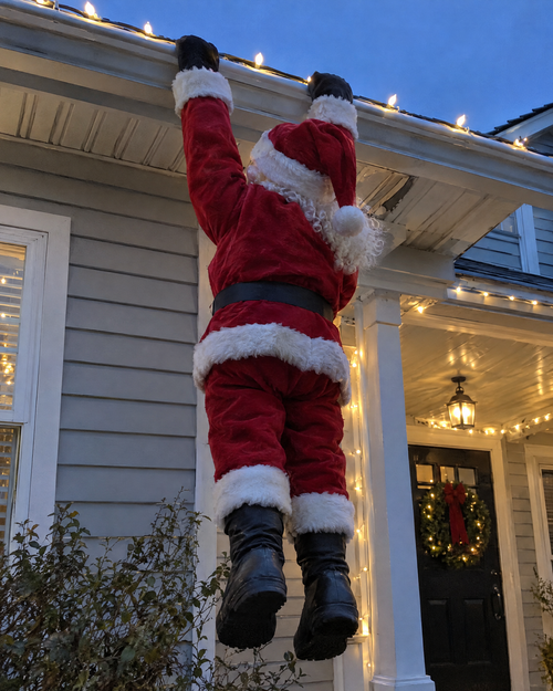 HoHoHang hanging Santa on a house gutter